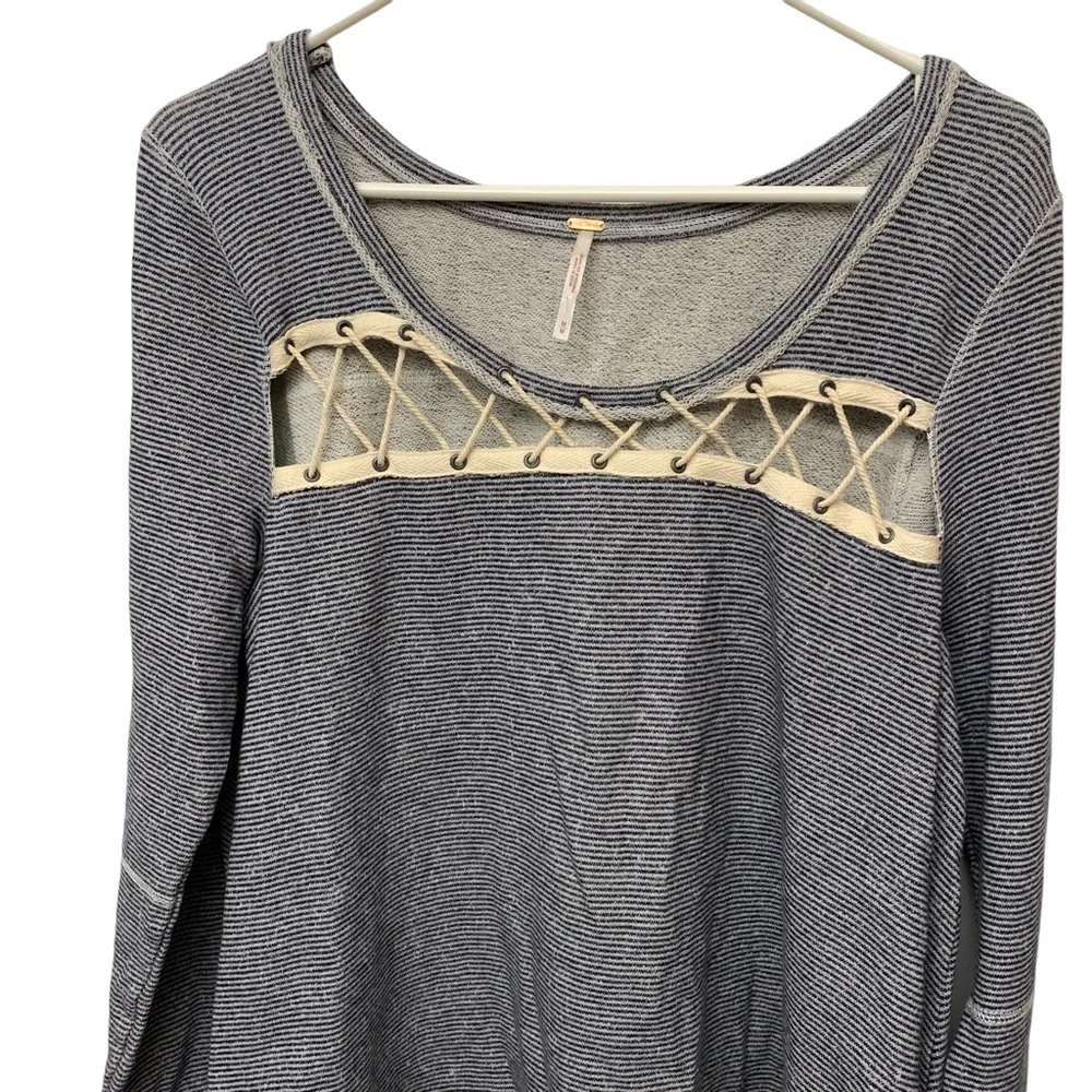 Free People Lace Up Thermal Top Boho Knit Pullover Long Sleeve Gray